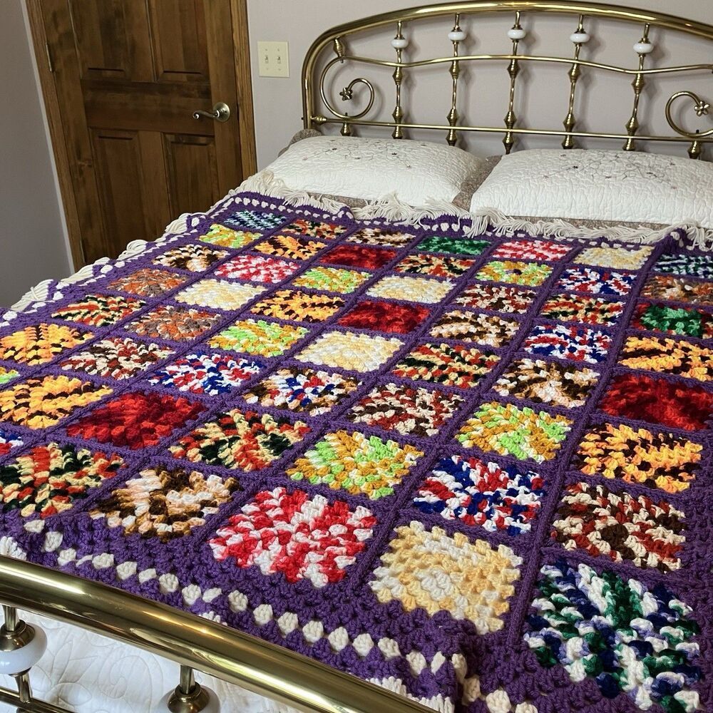 Vtg Granny Square Handmade Crochet Afghan Blanket Multicolor 51x60 Fringe